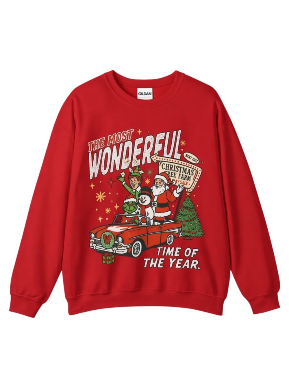 Gildan Red 90s Vintage Christmas Graphic Crewneck Sweatshirt